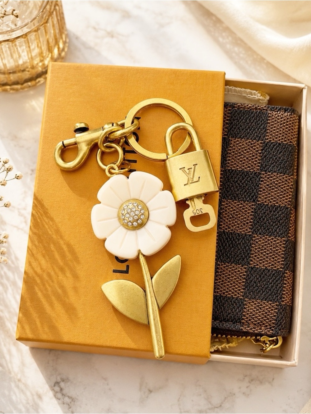 LOUIS VUITTON PadLock & Key #305 with Unbranded Gold Flower Rhinestone Key Chain